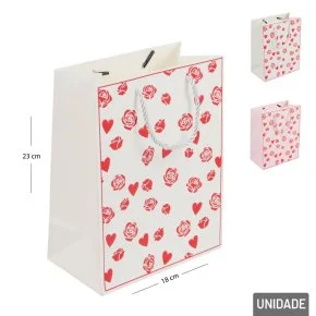 Sacola de Papel 23x18cm Rosas e Coração Color Atacado