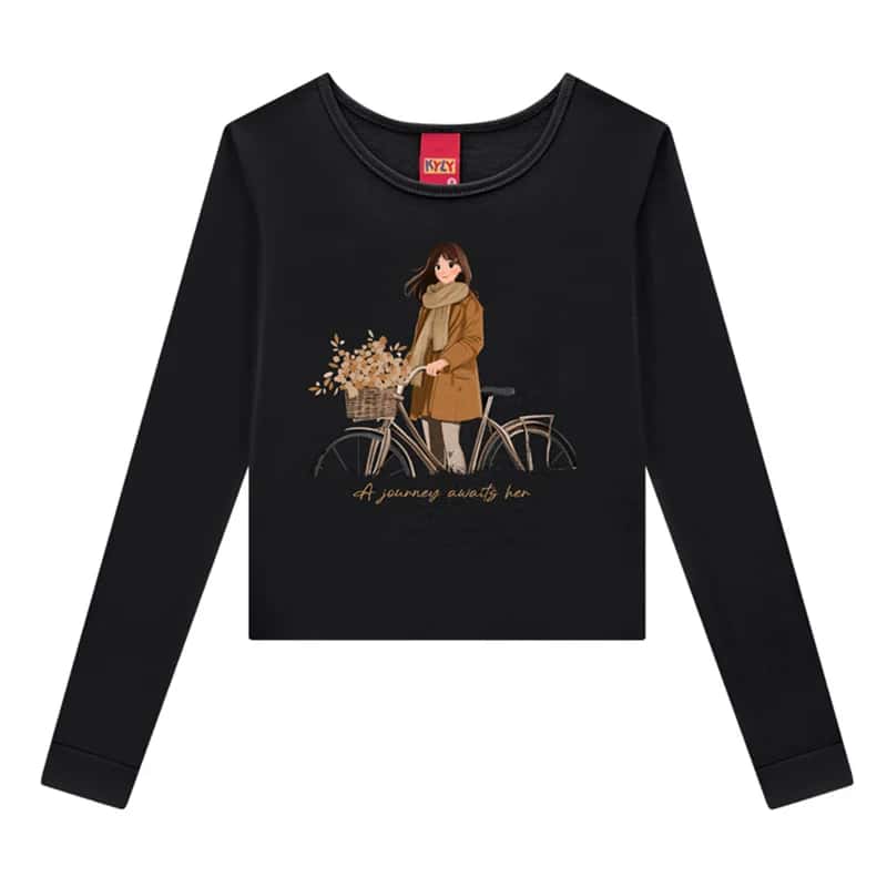 Blusa Infantil Kyly Manga Longa Estampa Menina Bicicleta Atacado