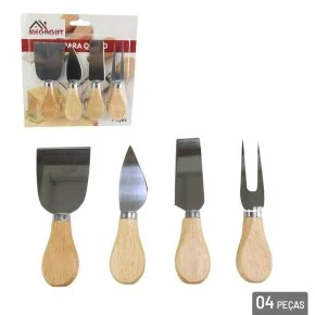 Conjunto para Queijos e Frios Inox Madeira 4 Pçs Atacado