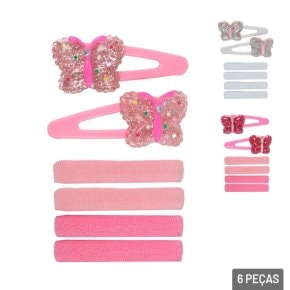 Presilha e Elástico de Cabelo 6 Pçs Borboleta Atacado