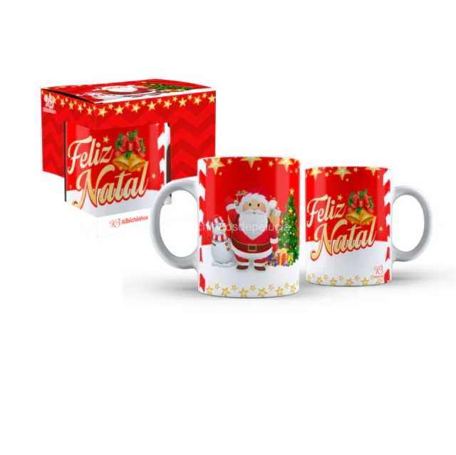 Caneca Porcelana Natal Com Caixa- Estampada Papai Noel e Árvore 325 ml Atacado