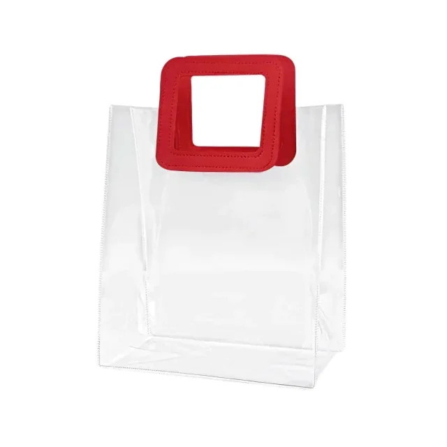 Kit C/10 Sacola Transparente PVC com Alça Quadrada de Couro 20x18x10 cm Atacado