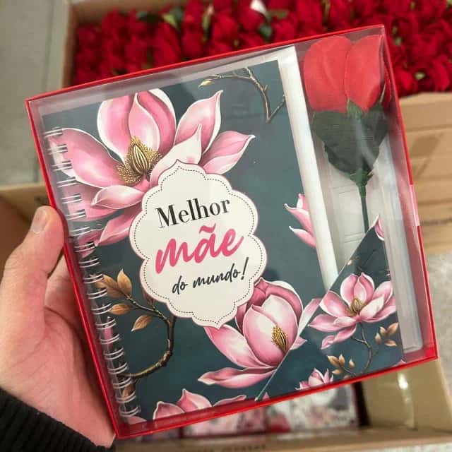 kit C/12 Caderno Espiral com Caneta e Rosa Dia das mães Atacado