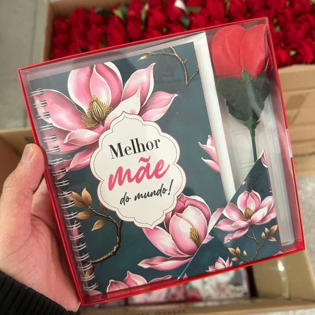 kit C/12 Caderno Espiral com Caneta e Rosa Dia das mães Atacado