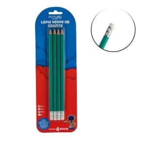 Lápis Grafite 04 Pçs HB Borracha Sextavado Verde Atacado