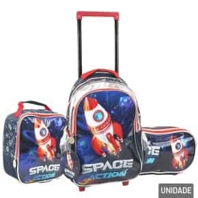 Kit Mochila de Rodas 16" 3 Pçs Infantil Foguete Atacado
