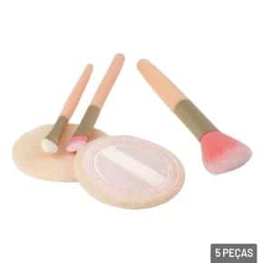 Kit Pincel e Esponja de Maquiagem 5 Peças Rosa Atacado
