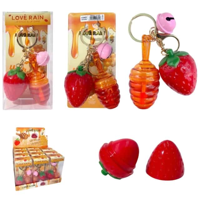 Kit C/12 Chaveiro Lip Gloss labial 2 em 1 Moranguinho e Mel Atacado